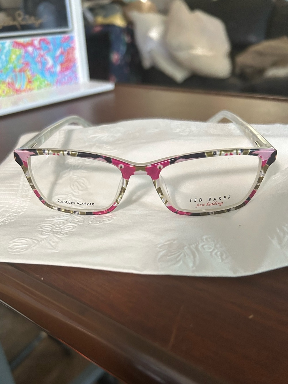 NWOT Ted Baker Pink and Green Floral Pattern Acetate Eyeglasses, clear lenses